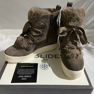 SOLD! J/Slides NYC Whitney Faux Fur & Suede Hidden Wedge-Heel Booties. NWB